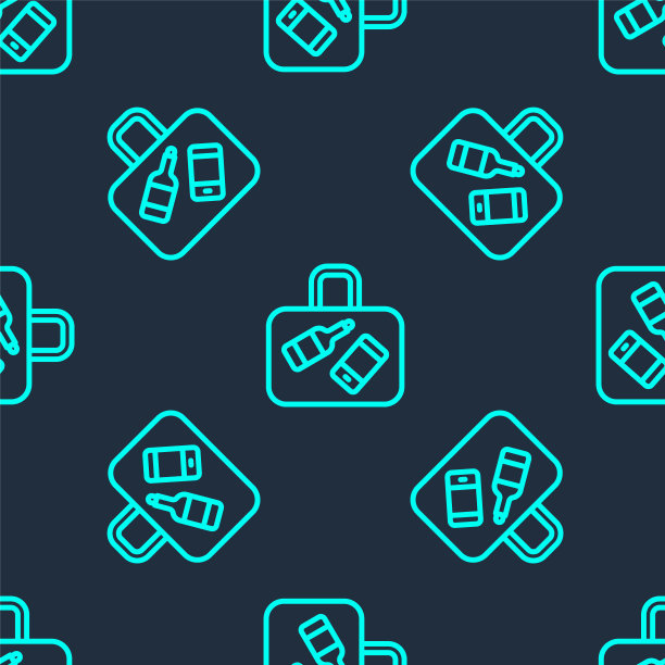 绿色线旅行箱旅行图标孤立无缝模式上的蓝色背景。旅行的行李的迹象。旅行的行李图标。向量图片下载