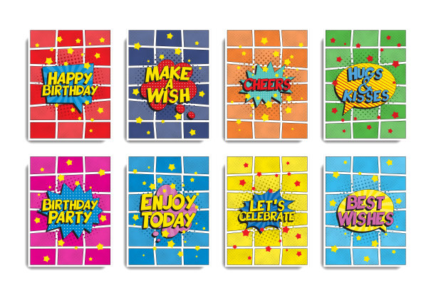 生日横幅或贺卡模板在复古流行艺术风格。复古假日插图易于编辑和定制。每股收益10图片下载