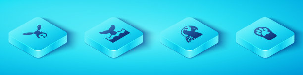 设置等距兔头，鲸鱼尾巴在海浪，爪印和金刚鹦鹉图标。向量图片下载