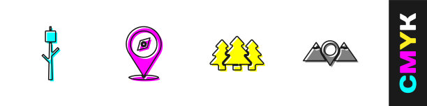 设置棉花糖棒，指南针，森林和位置山脉图标。向量图片下载