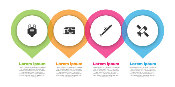 设置防弹衣，炸药和计时器，潜艇和卫星。业务信息模板。向量图片下载