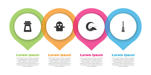 瓶子与药剂，幽灵，月亮和星星和女巫扫帚。业务信息模板。向量图片下载