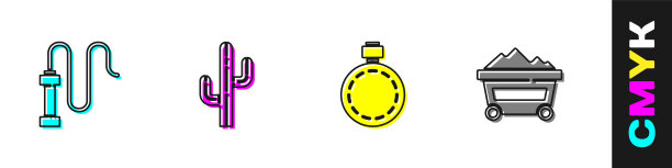 设置皮革鞭，仙人掌，水壶和煤矿手推车图标。向量图片下载