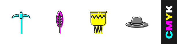 集鹤嘴锄，印第安羽毛，鼓和西部牛仔帽图标。向量图片下载
