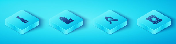 设置等距瓶水，保温瓶容器，急救箱和篝火图标。向量图片下载