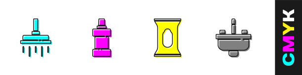 设置淋浴喷头，洗洁精瓶，湿纸巾包和带有水龙头图标的洗脸盆。向量图片下载