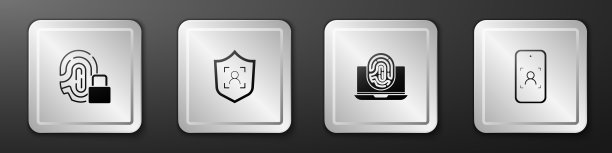 设置指纹带锁，屏蔽面部识别，笔记本指纹和移动和图标。银广场按钮。向量图片下载