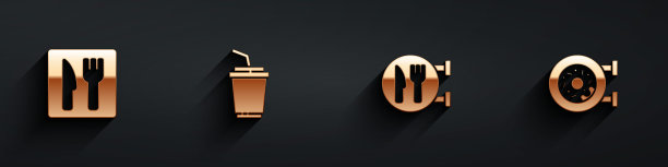 设置咖啡馆和餐厅位置，纸玻璃与水，和甜甜圈图标与长影子。向量图片下载