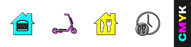 设置在线订购和送货，滑板车，和24小时图标。向量图片下载