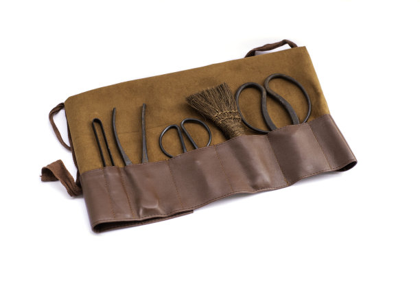 盆景工具在皮箱孤立在白色背景图片下载