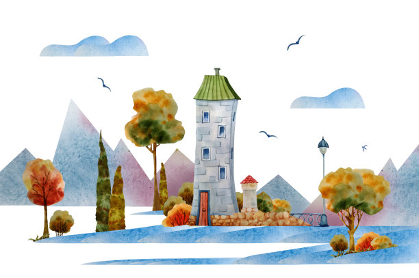 秋、冬背景。水彩可爱的街道，房子，树木和树叶的插图。图片下载