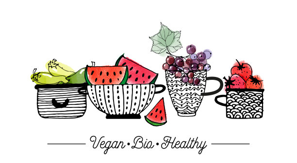 盘子，水果和蔬菜。矢量素描水彩污渍。图片下载