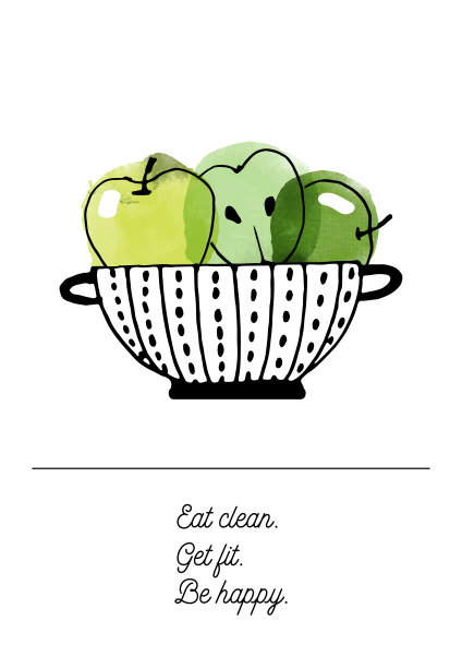 盘子，水果和蔬菜。矢量素描水彩污渍。图片下载