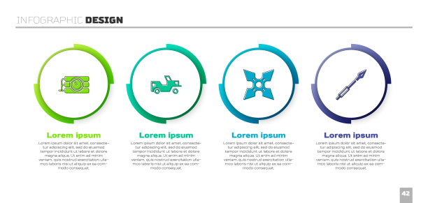 设置炸药和计时器，军用吉普车，日本忍者飞镖和中世纪矛。业务信息模板。向量图片下载