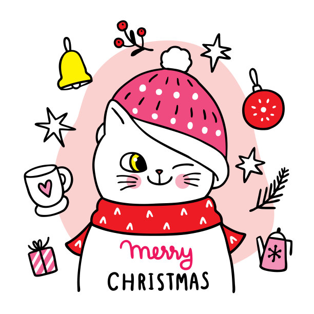 手绘可爱卡通圣诞快乐，猫和装饰圣诞矢量涂鸦。图片下载