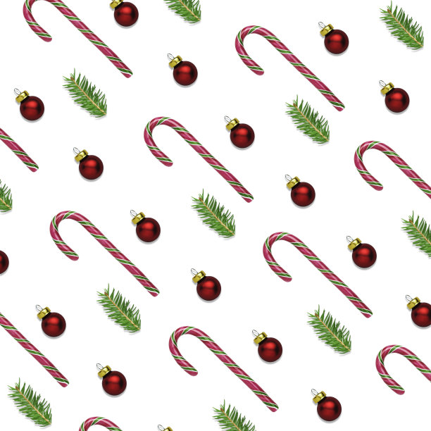 圣诞或新年的3D插图白色背景糖果手杖，红球和杉木树枝。冬季假期包装纸的概念。圣诞图案的织物或表面设计与复制空间。图片下载