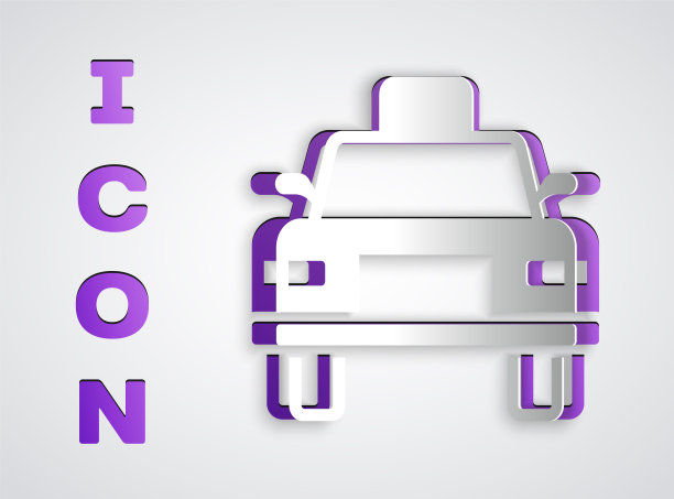 剪纸出租车图标孤立在灰色背景。纸艺术风格。向量图片下载