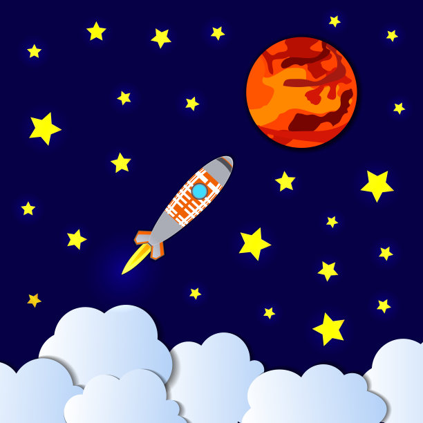 矢量卡通风格发射到火星插图，剪纸几何形状，空间背景，宇宙，图形艺术模板。素材图片