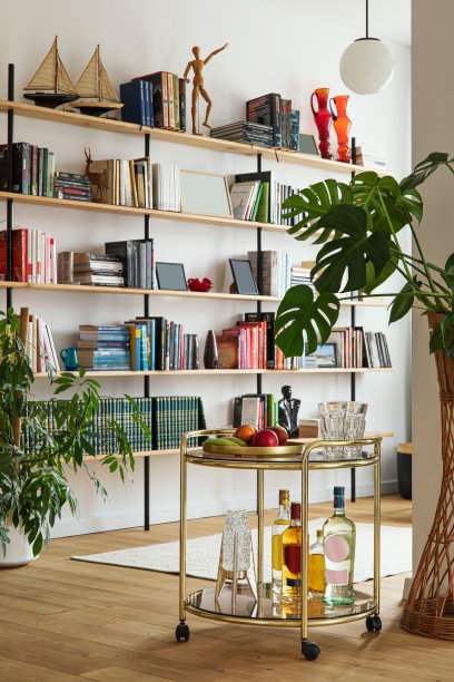 现代的开放式空间内饰有金色的厨房酒吧，植物，家庭图书馆，装饰和优雅的个人配件。模板。图片下载