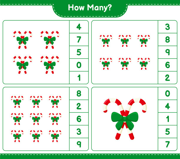 数数游戏，多少糖果手杖与丝带。教育儿童游戏，可打印的工作表，矢量插图图片下载