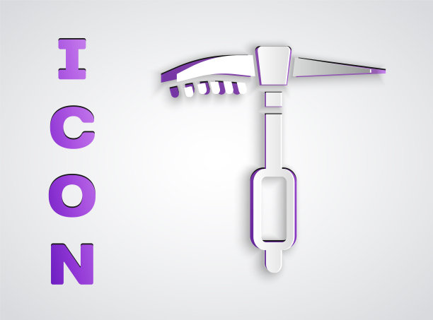 剪纸冰斧图标孤立在灰色背景。Montain登山设备。纸艺术风格。向量图片下载