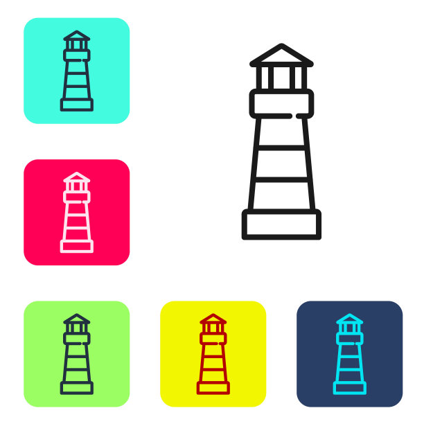 黑线灯塔图标孤立在白色背景。设置图标为彩色方框按钮。向量图片下载