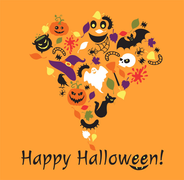 万圣节的细节与文字在一个形状的鬼在橙色的背景。图片下载