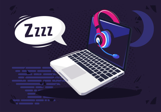 夜间带耳机的笔记本电脑矢量插图，夜间休息的电脑设备，送至睡眠模式图片下载