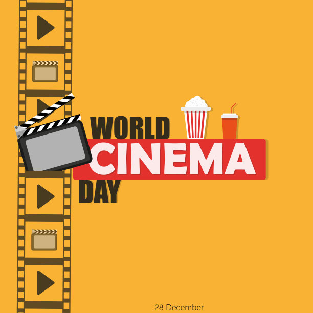 背景，世界电影日的横幅。电影院。插图在一个孤立的黄色背景。场记板。向量EPS10图片下载