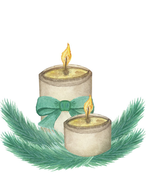 水彩手画自然冬季假期组成米色两火蜡烛与绿色弓和杉木树枝花束在白色的背景为圣诞和新年贺卡设计图片下载