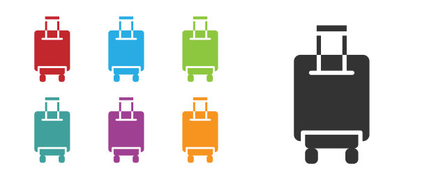 黑色行李箱的旅行图标孤立在白色背景。旅行行李标志。旅行行李图标。设置彩色图标。向量图片下载