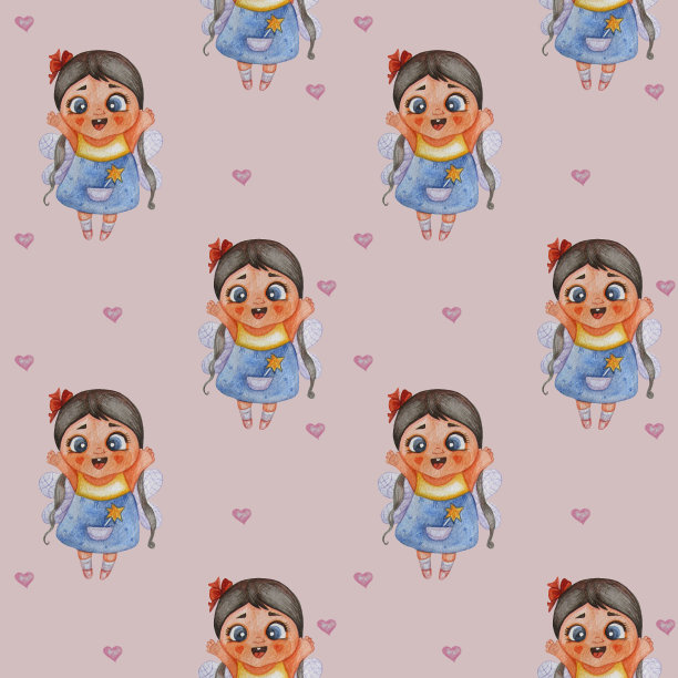 可爱的孩子们集合。无缝模式。一个小仙女，头上有一个红色的蝴蝶结，长长的头发，翅膀，口袋里有一根魔法棒，粉红色的背景上有一颗心。水彩。手绘图片下载