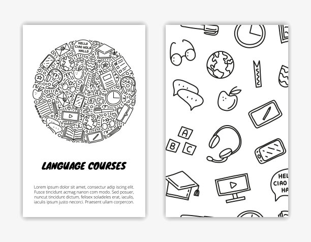 带有语言课程图标的卡片模板。图片下载