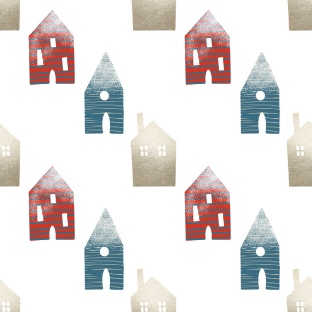 无缝模式的可爱的房子，圣诞装饰在斯堪的纳维亚风格，手绘插图在白色的背景图片下载