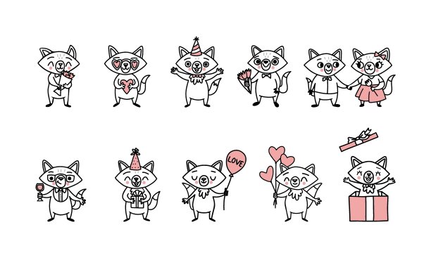 可爱的涂鸦矢量狐狸，手绘大套有趣的动物。用于节日贴纸的卡通人物图片下载