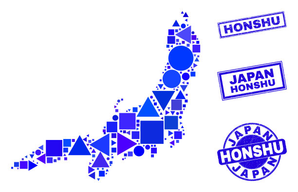 蓝色几何马赛克本州岛地图和邮票图片下载