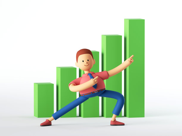 3 d渲染。人卡通人物以上升的绿色图形，增长的图形上升。商业剪辑艺术孤立的白色背景。图片下载