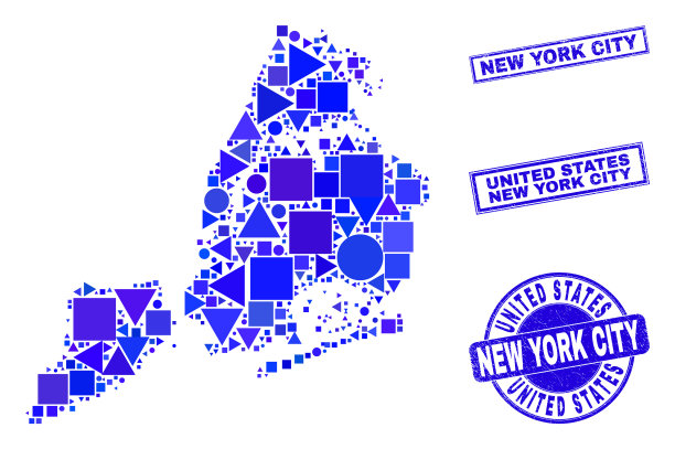 蓝色几何马赛克纽约市地图和邮票图片下载