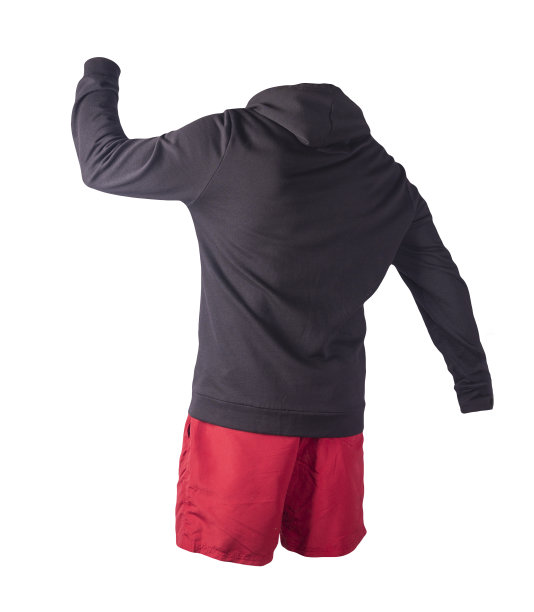 带有兜帽的熨斗拉链的运动衫和孤立在白色背景上的运动短裤。休闲运动服装图片下载