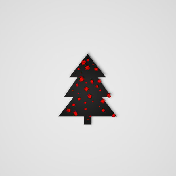 白色背景的黑色圣诞树，上面覆盖着冠状病毒(COVID-19病毒)分子。世界疫情期间圣诞节的概念。可用作贺卡图片下载