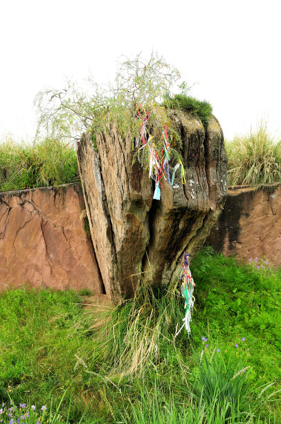 一块长满灌木的古老裂石，坐落在一座古老建筑的基座上。图片下载