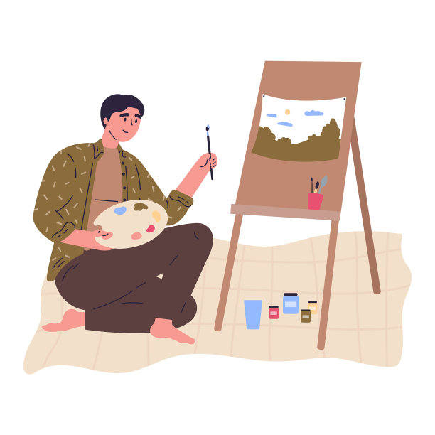 一个有创造力的年轻人正在画架上画画图片下载