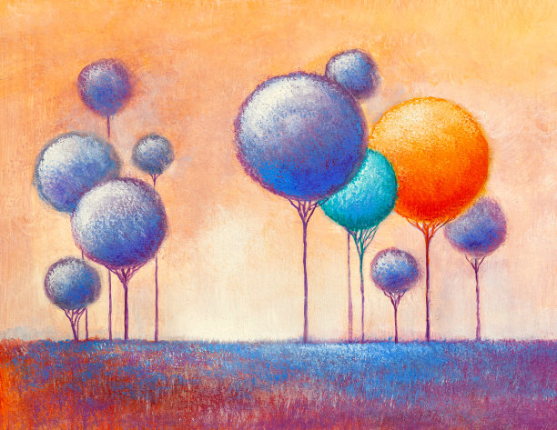 油画风景。丰富多彩的秋天树木。抽象风格。图片下载