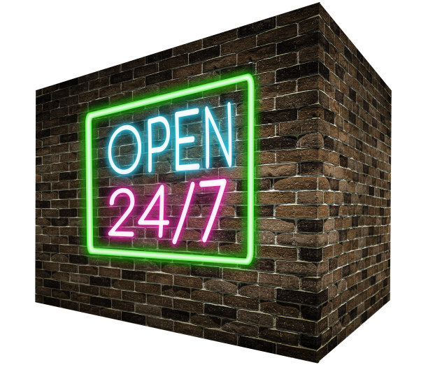 透视孤立的砖墙与霓虹灯旗帜全天候开放，广告商家，商店或产品，发光标志收集。图片下载