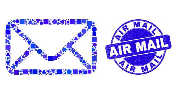 蓝色垃圾航空邮件印章和信封马赛克图片下载