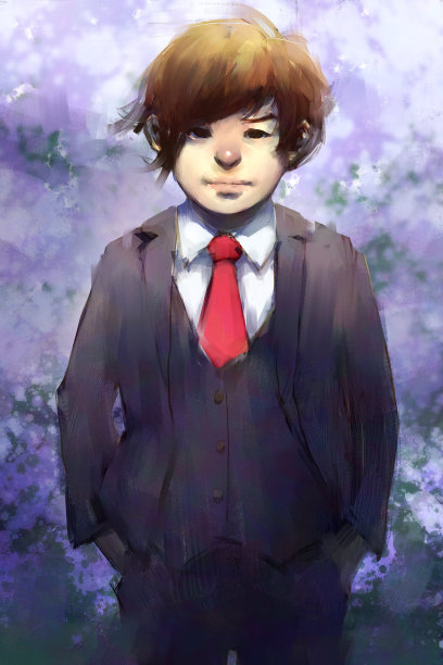 数字艺术绘画的男孩在一个领域的黑色西装，丙烯酸在画布纹理，讲故事的插图图片下载