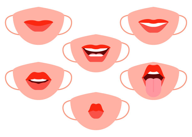 带有嘴形的个人防护口罩。人的嘴的面部表情面具。女人的红唇是情感的。女人会微笑、亲吻、伸出舌头。矢量图图片下载