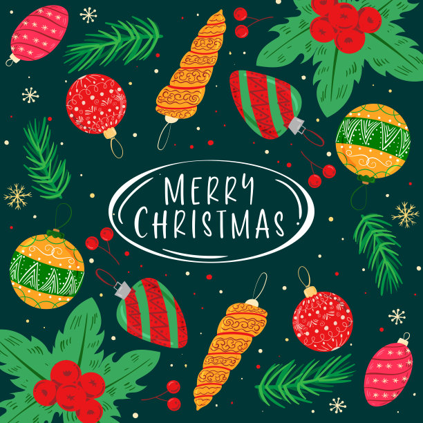 横幅，贺卡可爱的圣诞宝藏背景与手绘圣诞球和五彩纸屑为您的装饰。圣诞快乐文本图片下载