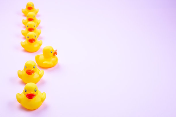一组橡皮鸭在粉红色的背景上一排出来，放置复制空间，水平图片下载