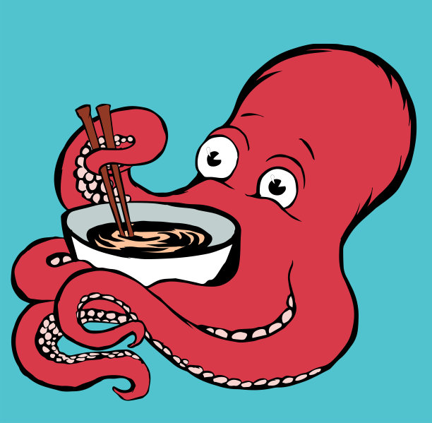 带有碗和筷子的红色章鱼图片下载